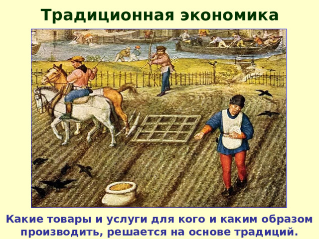Традиционная экономика Какие товары и услуги для кого и каким образом производить, решается на основе традиций. 