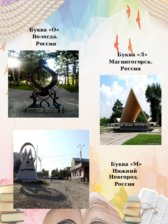 Буква «О» Вологда.  Россия  Буква «Л» Магнитогорск. Россия  Буква «М»  Нижний Новгород.  Россия  