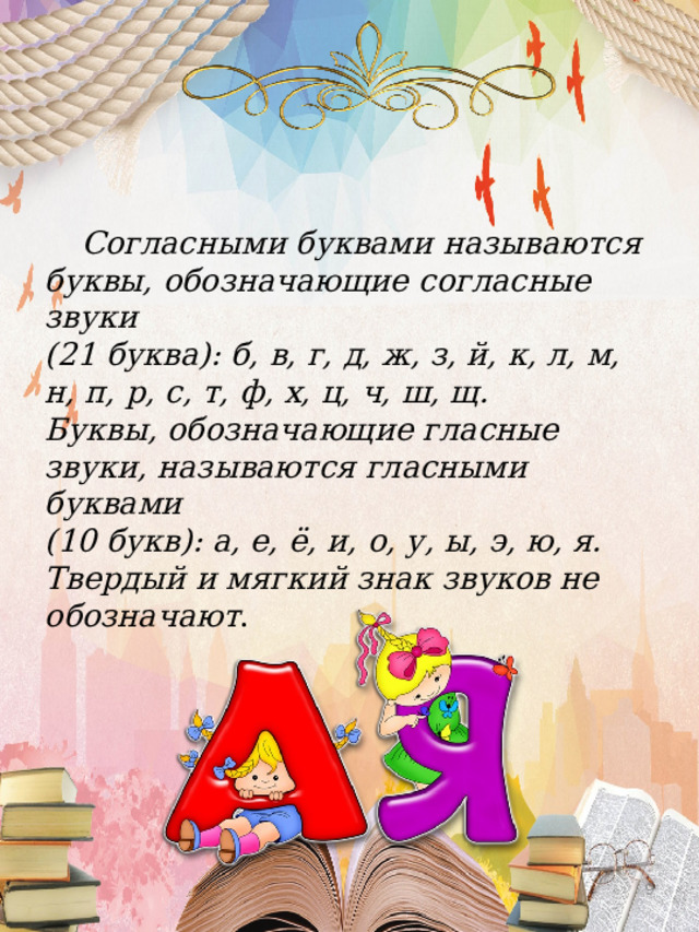 Согласными буквами называются буквы, обозначающие согласные звуки  (21 буква): б, в, г, д, ж, з, й, к, л, м, н, п, р, с, т, ф, х, ц, ч, ш, щ.   Буквы, обозначающие гласные звуки, называются гласными буквами (10 букв): а, е, ё, и, о, у, ы, э, ю, я.   Твердый и мягкий знак звуков не обозначают .    
