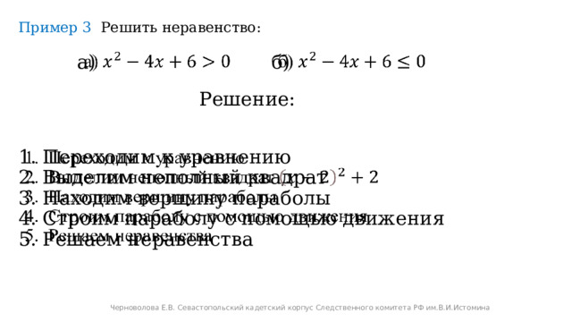 Пример 3 Решить неравенство: а)   б)   Решение: Переходим к уравнению Выделим неполный квадрат Находим вершину параболы Строим параболу с помощью движения Решаем неравенства   Черноволова Е.В. Севастопольский кадетский корпус Следственного комитета РФ им.В.И.Истомина 