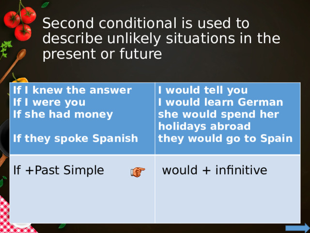 Second conditional is used to describe unlikely situations in the present or future If I knew the answer If I were you I would tell you I would learn German If +Past Simple If she had money  would + infinitive  she would spend her holidays abroad they would go to Spain If they spoke Spanish 