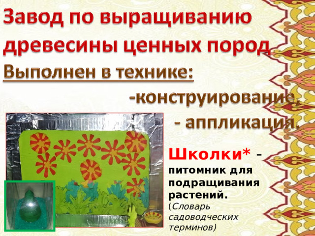 Школки* -  питомник для подращивания растений. ( Словарь садоводческих терминов) 