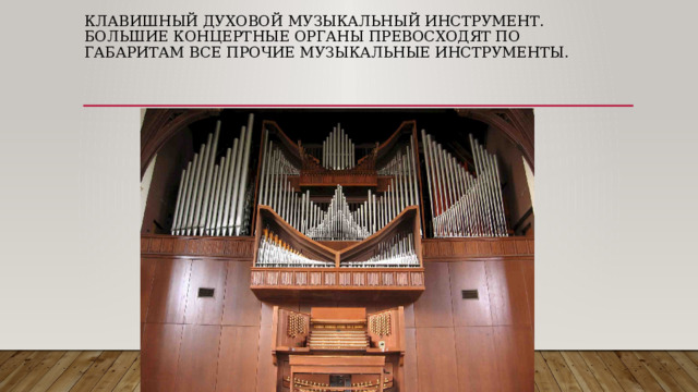 клавишный духовой музыкальный инструмент. Большие концертные органы превосходят по габаритам все прочие музыкальные инструменты. 