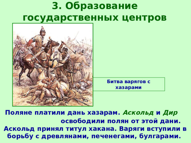3. Образование государственных центров Битва варягов с хазарами  Поляне платили дань хазарам. Аскольд и Дир освободили полян от этой дани. Аскольд принял титул хакана. Варяги вступили в борьбу с древлянами, печенегами, булгарами. 