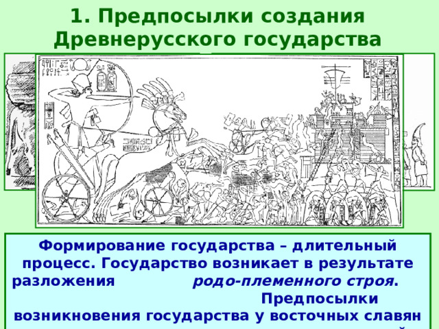 1. Предпосылки создания Древнерусского государства  ГОСУДАРСТВО  - такая организация жизни, при которой существует единая система управления людьми, единые законы, осуществляется охрана границ, регулируются взаимоотношения с другими народами и странами. Формирование государства – длительный процесс. Государство возникает в результате разложения родо-племенного строя . Предпосылки возникновения государства у восточных славян происходило в течении нескольких столетий. 