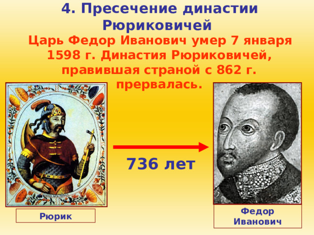  4. Пресечение династии Рюриковичей  Царь Федор Иванович умер 7 января 1598 г. Династия Рюриковичей, правившая страной с 862 г. прервалась. 736 лет Федор Иванович Рюрик 