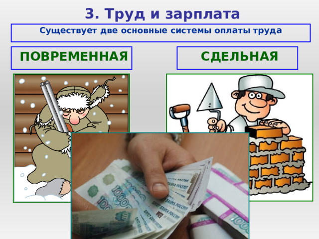  3. Труд и зарплата Существует две основные системы оплаты труда  ПОВРЕМЕННАЯ  СДЕЛЬНАЯ 
