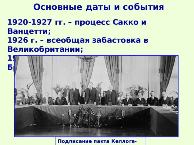 Основные даты и события 1920-1927 гг. – процесс Сакко и Ванцетти; 1926 г. – всеобщая забастовка в Великобритании; 1928 г. – подписание пакта Келлога-Бриана Подписание пакта Келлога-Бриана 
