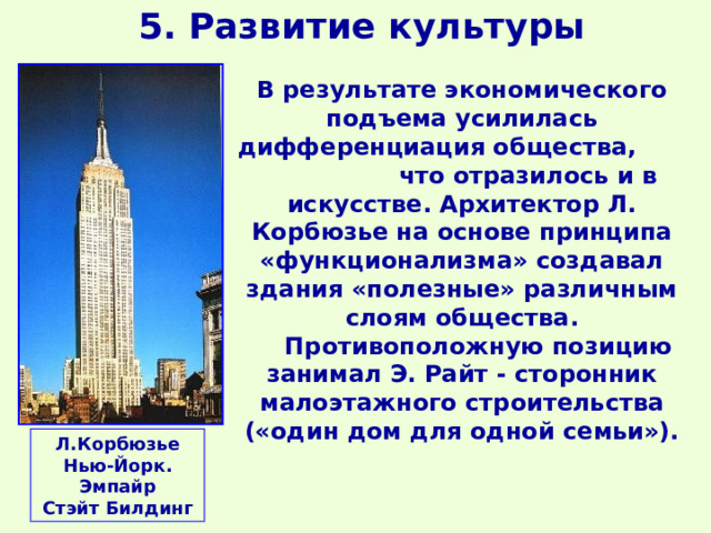 5. Развитие культуры В результате экономического подъема усилилась дифференциация общества, что отразилось и в искусстве. Архитектор Л. Корбюзье на основе принципа «функционализма» создавал здания «полезные» различным слоям общества.  Противоположную позицию занимал Э. Райт - сторонник малоэтажного строительства («один дом для одной семьи»).  Л.Корбюзье Нью-Йорк. Эмпайр Стэйт Билдинг 