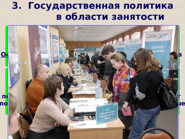 3. Государственная политика в области занятости Активная политика занятости – меры,  способствующие снижению безработицы до ее минимального (естественного) уровня. Основные методы : профессиональная подготовка и переподготовка кадров. Пассивная политика занятости – меры,  направленные на сглаживание негативных последствий безработицы, материальную поддержку безработных и предоставление услуг по подбору рабочего места через государственные органы по вопросам занятости. 