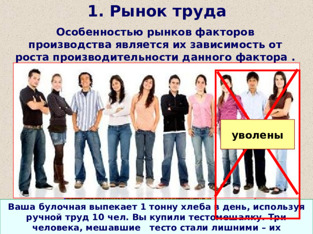 1. Рынок труда Особенностью рынков факторов производства является их зависимость от роста производительности данного фактора .        Минус % от площ.  уволены Ваша булочная выпекает 1 тонну хлеба в день, используя ручной труд 10 чел. Вы купили тестомешалку. Три человека, мешавшие тесто стали лишними – их увольняют. Вам необходим урожай 100 тонн. После применения новых методов урожайность растет на 20%, площадь посевов пропорционально уменьшается. 
