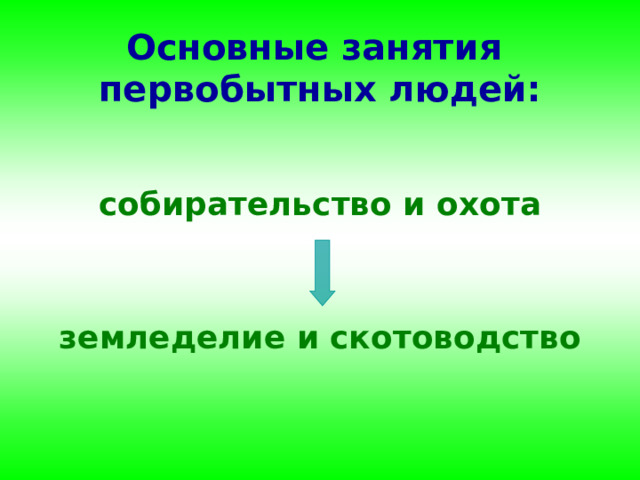 Основные занятия  первобытных людей: собирательство и охота   земледелие и скотоводство 