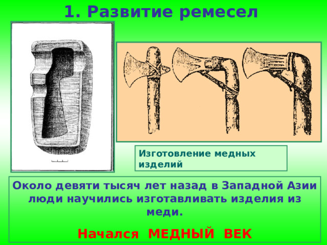 1. Развитие ремесел Изготовление медных изделий Около девяти тысяч лет назад в Западной Азии люди научились изготавливать изделия из меди. Начался МЕДНЫЙ ВЕК 