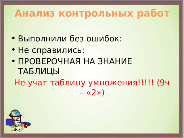 Анализ контрольных работ   Выполнили без ошибок: Не справились: ПРОВЕРОЧНАЯ НА ЗНАНИЕ ТАБЛИЦЫ Не учат таблицу умножения!!!!! (9ч – «2») 