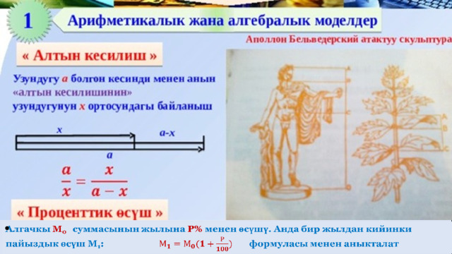 Алгачкы М 0  суммасынын жылына Р% менен өсүшү. Анда бир жылдан кийинки пайыздык өсүш М 1 :   формуласы менен аныкталат   