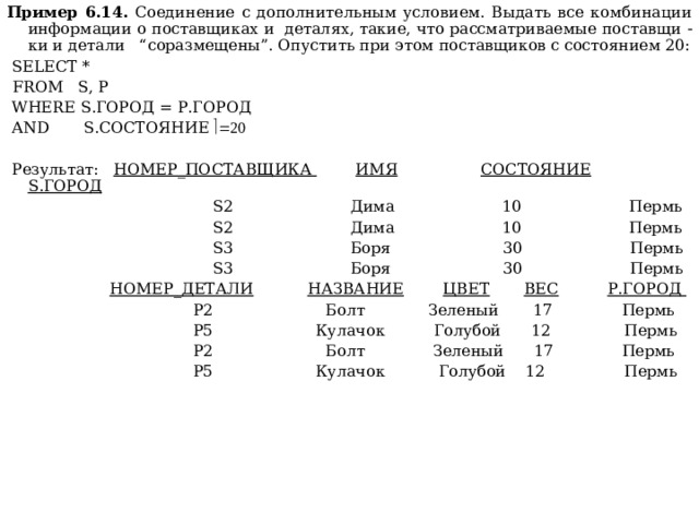 Пример 6.14. Соединение с дополнительным условием. Выдать все комбинации информации о поставщиках и деталях, такие, что рассматриваемые поставщи  ки и детали “соразмещены”. Опустить при этом поставщиков с состоянием 20:  SELECT *  FROM S, Р   WHERE S .ГОРОД = Р.ГОРОД  AND  S .СОСТОЯНИЕ   Результат: НОМЕР_ПОСТАВЩИКА  ИМЯ    СОСТОЯНИЕ  S .ГОРО Д  S2 Дима 10 Пермь  S2 Дима 10 Пермь  S3 Боря 30 Пермь  S3 Боря 30 Пермь   НОМЕР_ДЕТАЛИ     НАЗВАНИЕ   ЦВЕТ  ВЕС   Р.ГОРОД   Р2 Болт Зеленый 17  Пермь  Р5 Кулачок Голубой  12    Пермь  Р2 Болт Зеленый  17  Пермь  Р5 Кулачок Голубой 12  Пермь  