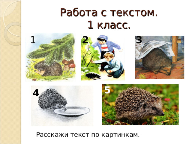 Работа с текстом.  1 класс. 1 2 3 5 4 Расскажи текст по картинкам. 