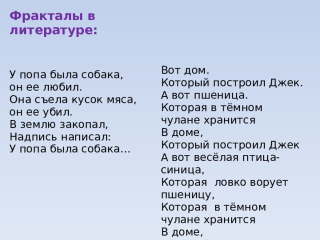 Фракталы в литературе: У попа была собака, он ее любил. Она съела кусок мяса, он ее убил. Вот дом. В землю закопал, Надпись написал: Который построил Джек. У попа была собака… А вот пшеница. Которая в тёмном чулане хранится В доме, Который построил Джек А вот весёлая птица-синица, Которая ловко ворует пшеницу, Которая в тёмном чулане хранится В доме, Который построил Джек…» . 