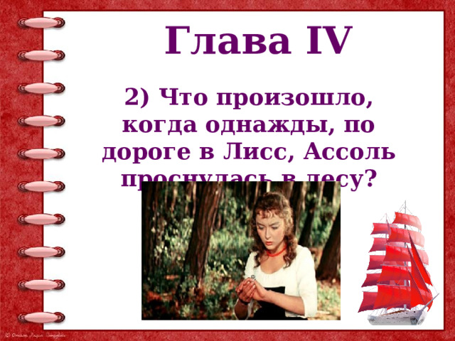 Глава IV 2) Что произошло, когда однажды, по дороге в Лисс, Ассоль проснулась в лесу? 