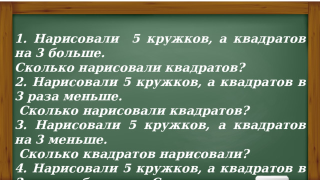 1. Нарисовали 5 кружков, а квадратов на 3 больше. Сколько нарисовали квадратов? 2. Нарисовали 5 кружков, а квадратов в 3 раза меньше.  Сколько нарисовали квадратов? 3. Нарисовали 5 кружков, а квадратов на 3 меньше.  Сколько квадратов нарисовали? 4. Нарисовали 5 кружков, а квадратов в 3 раза больше. Сколько нарисовали квадратов? 