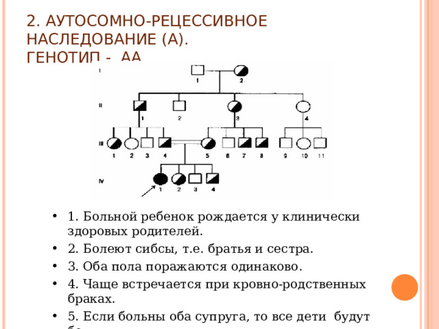 2. АУТОСОМНО-РЕЦЕССИВНОЕ НАСЛЕДОВАНИЕ (А).  ГЕНОТИП - АА 1. Больной ребенок рождается у клинически здоровых родителей. 2. Болеют сибсы, т.е. братья и сестра. 3. Оба пола поражаются одинаково. 4. Чаще встречается при кровно-родственных браках. 5. Если больны оба супруга, то все дети будут больными. 