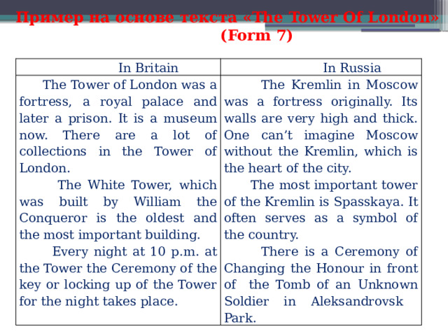  Пример на основе текста «The Tower Of London»  (Form 7)    In Britain  In Russia  The Tower of London was a fortress, a royal palace and later a prison. It is a museum now. There are a lot of collections in the Tower of London.  The White Tower, which was built by William the Conqueror is the oldest and the most important building.  The Kremlin in Moscow was a fortress originally. Its walls are very high and thick. One can’t imagine Moscow without the Kremlin, which is the heart of the city.  Every night at 10 p.m. at the Tower the Ceremony of the key or locking up of the Tower for the night takes place.  The most important tower of the Kremlin is Spasskaya. It often serves as a symbol of the country.  There is a Ceremony of Changing the Honour in front of the Tomb of an Unknown Soldier in Aleksandrovsk Park. 