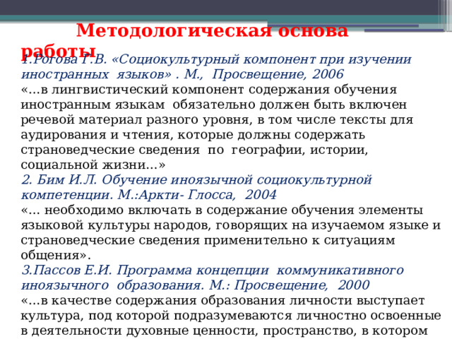  Методологическая основа работы 1.Рогова Г.В. «Социокультурный компонент при изучении иностранных языков» . М., Просвещение, 2006 «…в лингвистический компонент содержания обучения иностранным языкам обязательно должен быть включен речевой материал разного уровня, в том числе тексты для аудирования и чтения, которые должны содержать страноведческие сведения по географии, истории, социальной жизни…» 2. Бим И.Л. Обучение иноязычной социокультурной компетенции. М.:Аркти- Глосса, 2004 «… необходимо включать в содержание обучения элементы языковой культуры народов, говорящих на изучаемом языке и страноведческие сведения применительно к ситуациям общения». 3.Пассов Е.И. Программа концепции коммуникативного иноязычного образования. М.: Просвещение, 2000 «…в качестве содержания образования личности выступает культура, под которой подразумеваются личностно освоенные в деятельности духовные ценности, пространство, в котором происходит процесс социализации личности». 