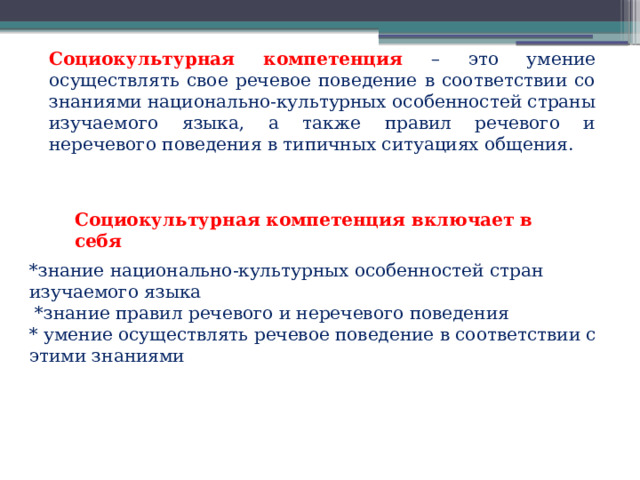Социокультурная компетенция – это умение осуществлять свое речевое поведение в соответствии со знаниями национально-культурных особенностей страны изучаемого языка, а также правил речевого и неречевого поведения в типичных ситуациях общения. Социокультурная компетенция включает в себя *знание национально-культурных особенностей стран изучаемого языка  *знание правил речевого и неречевого поведения * умение осуществлять речевое поведение в соответствии с этими знаниями 