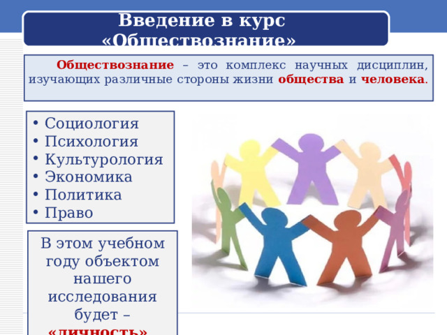 Введение в курс «Обществознание»  Обществознание  – это комплекс научных дисциплин, изучающих различные стороны жизни общества и человека . Социология Психология Культурология Экономика Политика Право Обращается к ученикам: – Вы начинаете изучение нового предмета – обществознания. Как вы думаете, о чём этот предмет? В этом учебном году объектом нашего исследования будет – «личность» .  