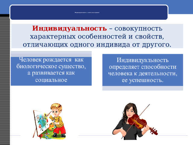    Индивидуальность - плохо или хорошо?     Индивидуальность – совокупность характерных особенностей и свойств, отличающих одного индивида от другого. 