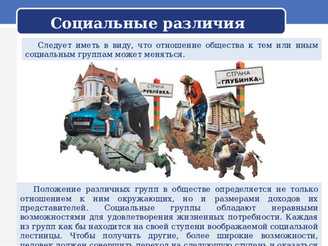  Социальные различия    Следует иметь в виду, что отношение общества к тем или иным социальным группам может меняться.  Положение различных групп в обществе определяется не только отношением к ним окружающих, но и размерами доходов их представителей. Социальные группы обладают неравными возможностями для удовлетворения жизненных потребности. Каждая из групп как бы находится на своей ступени воображаемой социальной лестницы. Чтобы получить другие, более широкие возможности, человек должен совершить переход на следующую ступень и оказаться в одной из тех групп, которые находятся выше. 