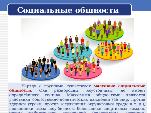  Социальные общности    Наряду с группами существуют массовые социальные общности . Они разнородны, неустойчивы, не имеют определённого состава. Массовыми общностями являются участники общественно-политических движений (за мир, против ядерной угрозы, против загрязнения окружающей среды и т. д.), поклонники звёзд шоу-бизнеса, болельщики спортивных команд, члены любительских ассоциаций (спортсмены, охотники, коллекционеры) и др. 