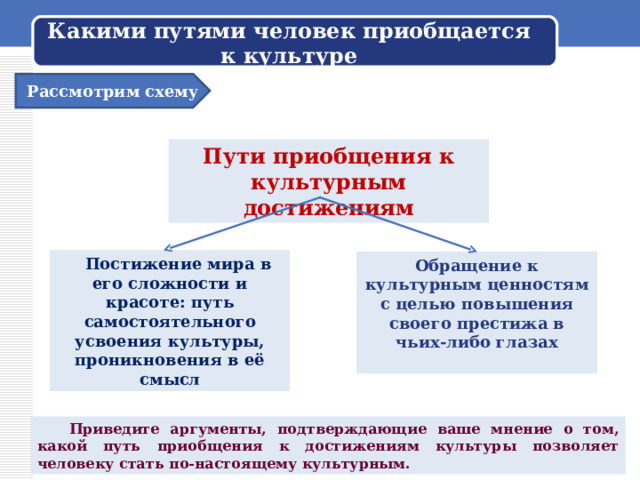 Какими путями человек приобщается к культуре Рассмотрим схему Пути приобщения к культурным достижениям  Постижение мира в его сложности и красоте: путь самостоятельного усвоения культуры, проникновения в её смысл Обращение к культурным ценностям с целью повышения своего престижа в чьих-либо глазах   Приведите аргументы, подтверждающие ваше мнение о том, какой путь приобщения к достижениям культуры позволяет человеку стать по-настоящему культурным. 