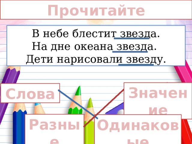 Прочитайте В небе блестит звезда. На дне океана звезда. Дети нарисовали звезду. Значение Слова Разные Одинаковые 