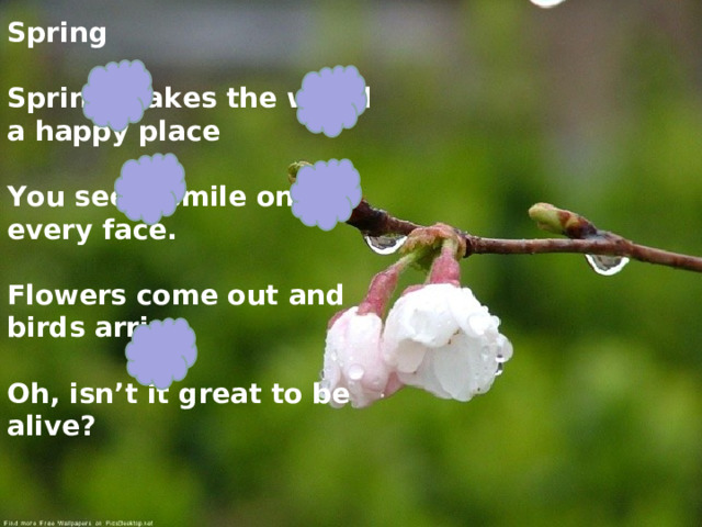 Spring  Spring makes the world a happy place  You see a smile on every face.  Flowers come out and birds arrive,  Oh, isn’t it great to be alive? 