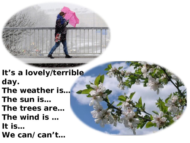 It’s a lovely/terrible day. The weather is… The sun is… The trees are… The wind is … It is… We can/ can’t…  