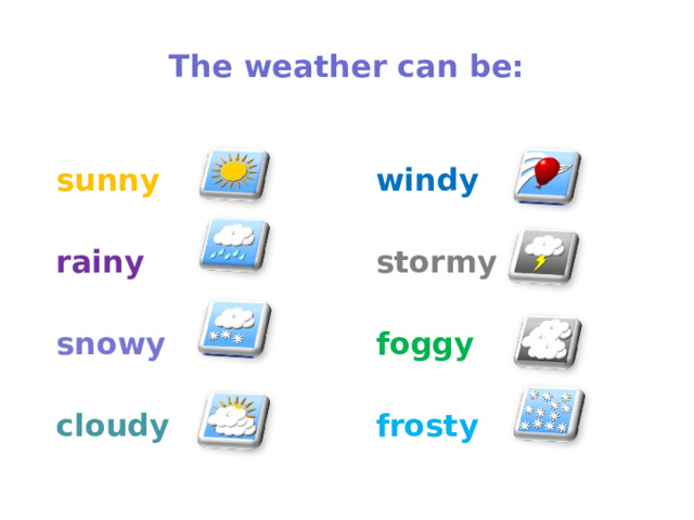 The weather can be: windy sunny  rainy stormy snowy foggy frosty cloudy  
