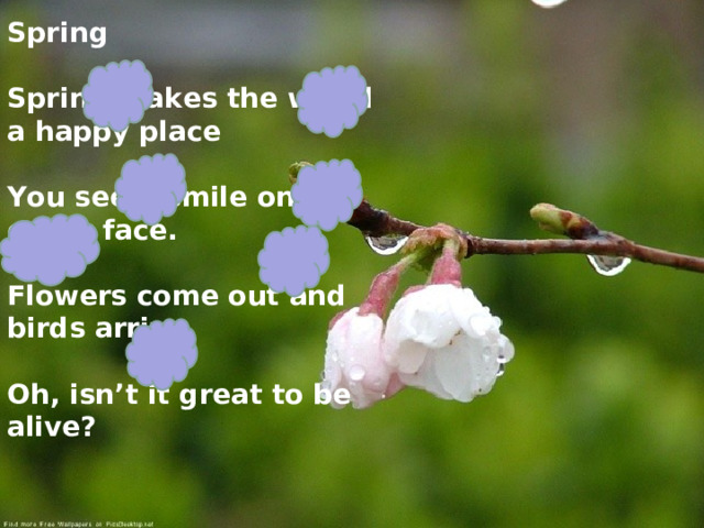 Spring  Spring makes the world a happy place  You see a smile on every face.  Flowers come out and birds arrive,  Oh, isn’t it great to be alive? 