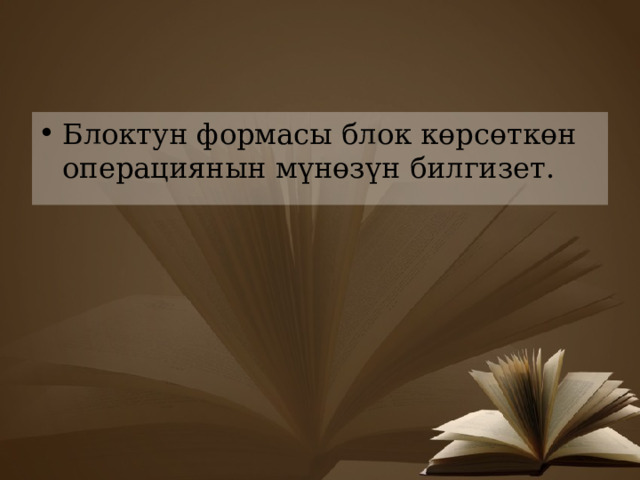 Блоктун формасы блок көрсөткөн операциянын мүнөзүн билгизет. 