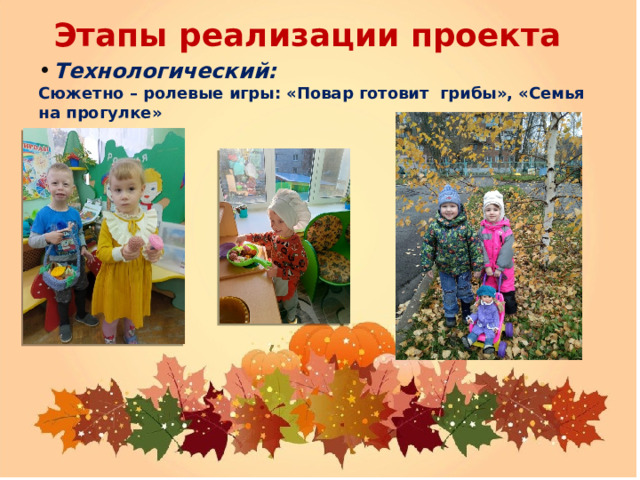 Этапы реализации проекта Технологический: Сюжетно – ролевые игры: «Повар готовит грибы», «Семья на прогулке» 