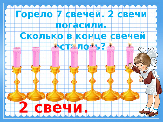 Горело 7 свечей. 2 свечи погасили.  Сколько в конце свечей осталось? 2 свечи. 