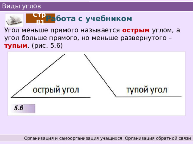 Виды углов Работа с учебником Стр. 81 Угол меньше прямого называется острым углом, а угол больше прямого, но меньше развернутого – тупым . (рис. 5.6) Организация и самоорганизация учащихся. Организация обратной связи 