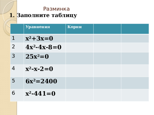 Разминка  1. Заполните таблицу Уравнения 1  Корни х 2 +3х=0 2 3 4х 2 -4х-8=0  25х 2 =0 4 х 2 -х-2=0 5 6х 2 =2400 6 х 2 -441=0 