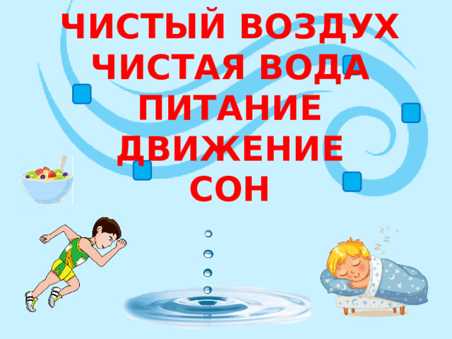 Чистый воздух Чистая вода Питание Движение сон 