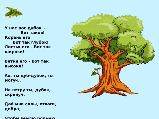 У нас рос дубок -    Вот таков! Корень его  Вот так глубок!   Листья его - Вот так широки!    Ветки его - Вот так высоки!    Ах, ты дуб-дубок, ты могуч, .   На ветру ты, дубок, скрипуч.    Дай мне силы, отваги, добра ,  Чтобы землю родную Защищать от врага! 