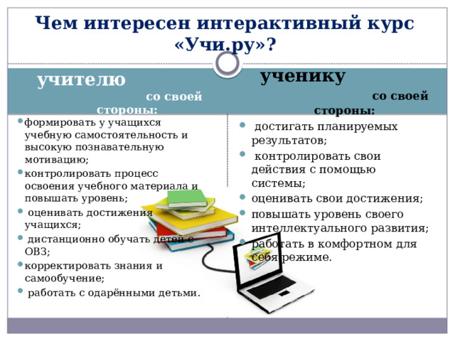 Чем интересен интерактивный курс «Учи.ру»? ученику  со своей стороны: учителю со своей стороны: формировать у учащихся учебную самостоятельность и высокую познавательную мотивацию; контролировать процесс освоения учебного материала и повышать уровень;  оценивать достижения учащихся;  дистанционно обучать детей с ОВЗ; корректировать знания и самообучение;  работать с одарёнными детьми.  достигать планируемых результатов;  контролировать свои действия с помощью системы; оценивать свои достижения; повышать уровень своего интеллектуального развития; работать в комфортном для себя режиме.   