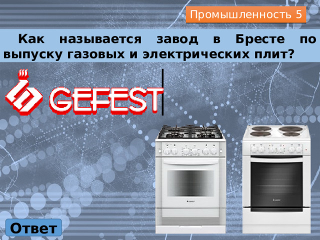 Промышленность 5  Как называется завод в Бресте по выпуску газовых и электрических плит? Ответ 