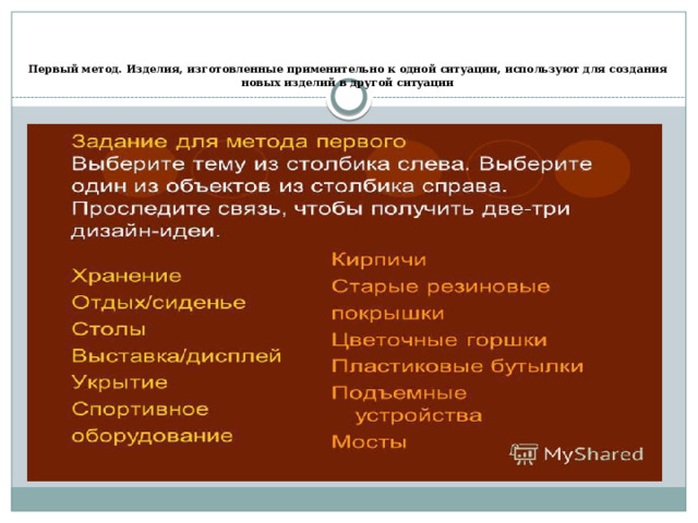   Первый метод. Изделия, изготовленные применительно к одной ситуации, используют для создания новых изделий в другой ситуации 