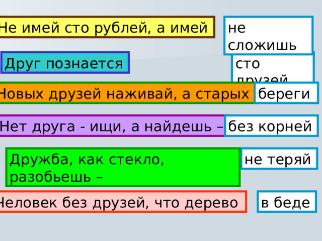 не сложишь  Не имей сто рублей, а имей  сто друзей  Друг познается  Новых друзей наживай, а старых береги Нет друга - ищи, а найдешь –  без корней  не теряй  Дружба, как стекло, разобьешь – в беде  Человек без друзей, что дерево 