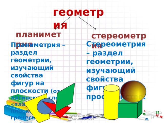 геометрия планиметрия стереометрия Стереометрия – раздел геометрии, изучающий свойства фигур в пространстве. Планиметрия – раздел геометрии, изучающий свойства фигур на плоскости (от латинского слова «планум» - плоскость и греческого «метрео» - измеряю). 13 В.Е. Антипина, МОУ СОШ №1 г. Красновишерска 